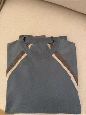 Hermes Slate Blue Crewneck Sweater with Neutral Raglan Trim